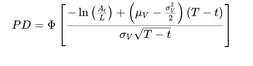 Mathematical formula for calculating Probability of Default (PD) using structural model analysis.